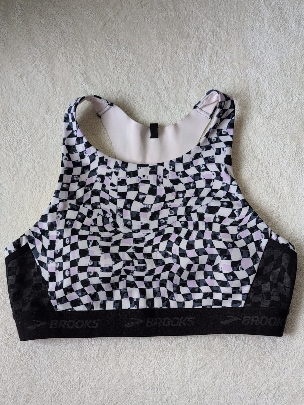 Brooks High-Neck Sports Bra Checkerprint with Phone Pockets Size 36 C/D